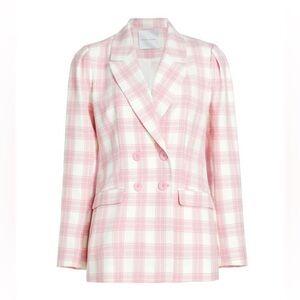 Elie Tahari Pink White Amelia Plaid Blazer Double Breasted Size Large